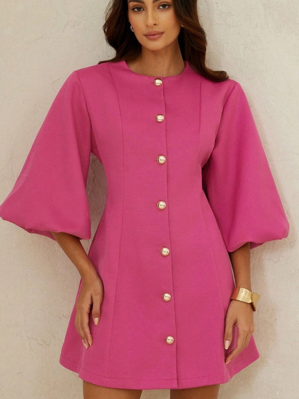 Pink Elegant Women's textured  Buttons Round Neck Lantern Sleeves Mini Dress - Picture 6 of 6